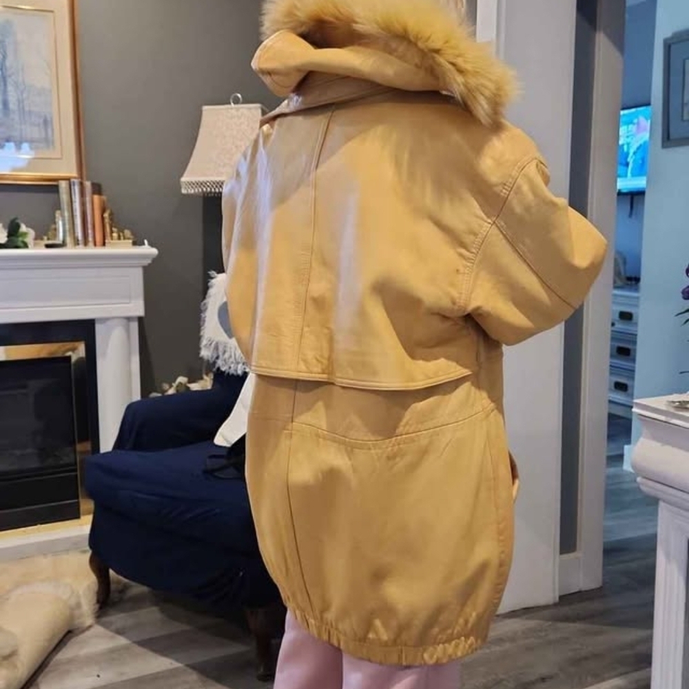 Women’s Tan Hooded Leather Jacket with Faux-Fur Trim